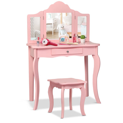 Kids Vanity Table Set, Stool, Tri-Fold Mirror, Drawer