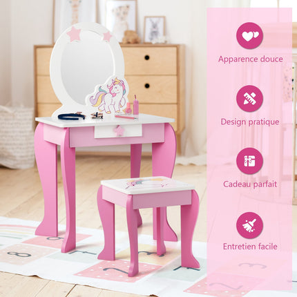 Kids Vanity Table Set With Mirror, Stool and Drawer