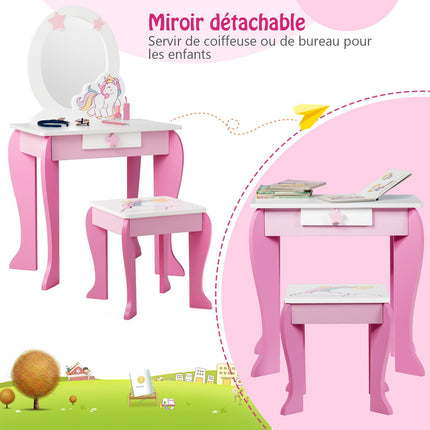 Kids Vanity Table Set With Mirror, Stool and Drawer
