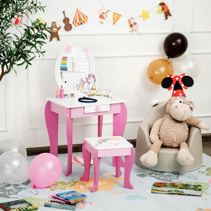 Kids Vanity Table Set With Mirror, Stool and Drawer