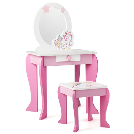 Kids Vanity Table Set With Mirror, Stool and Drawer