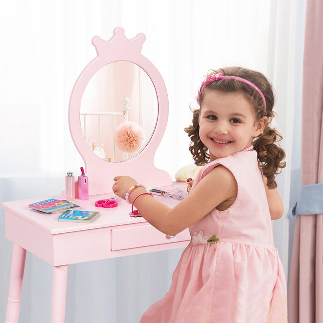 Kids Vanity Table Set With Stool, Mirror, Drawer, Pink