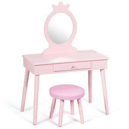 Kids Vanity Table Set With Stool, Mirror, Drawer, Pink