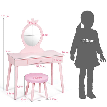 Kids Vanity Table Set With Stool, Mirror, Drawer, Pink