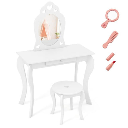 Kids Vanity Table Set With Stool, Removable Mirror, Drawer
