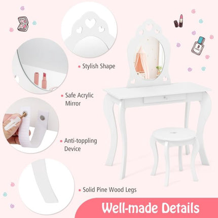 Kids Vanity Table Set With Stool, Removable Mirror, Drawer