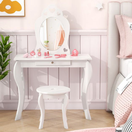Kids Vanity Table Set With Stool, Removable Mirror, Drawer