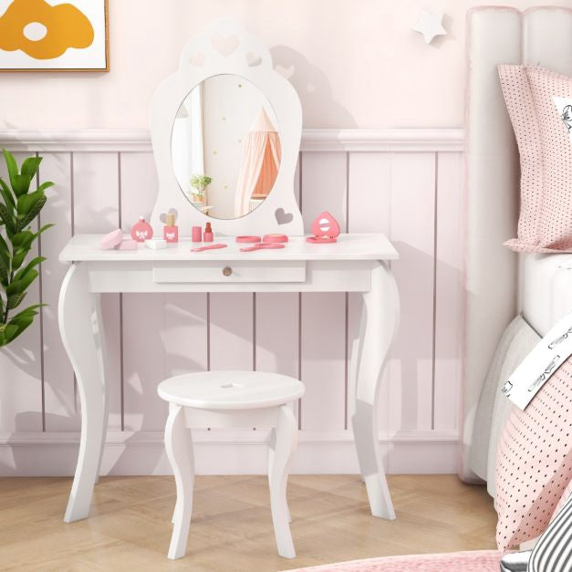 Kids Vanity Table Set With Stool, Removable Mirror, Drawer