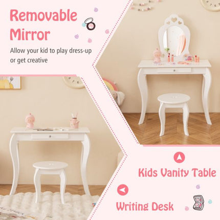 Kids Vanity Table Set With Stool, Removable Mirror, Drawer