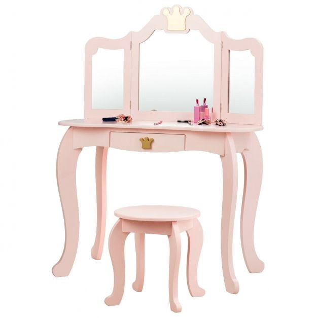 Kids Vanity Table Set With Stool, Tri-Fold Mirror, Drawer