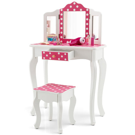Kids Vanity Table Set With Stool, Tri-Fold Mirror, Drawer