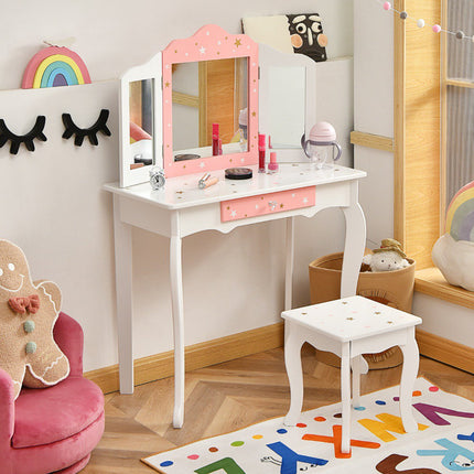 Kids Vanity Table Set With Stool, Tri-Fold Mirror, Drawer