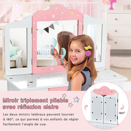 Kids Vanity Table Set With Stool, Tri-Fold Mirror, Drawer