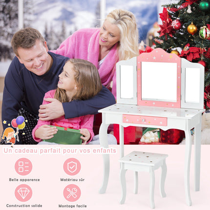 Kids Vanity Table Set With Stool, Tri-Fold Mirror, Drawer
