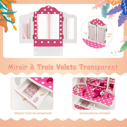Kids Vanity Table Set With Stool, Tri-Fold Mirror, Drawer