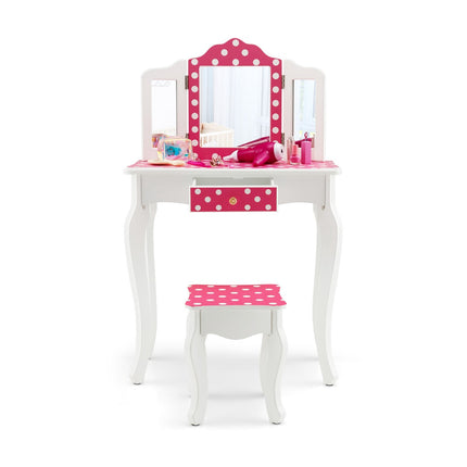 Kids Vanity Table Set With Stool, Tri-Fold Mirror, Drawer