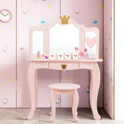 Kids Vanity Table Set With Stool, Tri-Fold Mirror, Drawer
