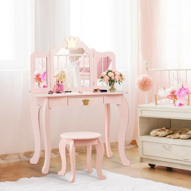 Kids Vanity Table Set With Stool, Tri-Fold Mirror, Drawer