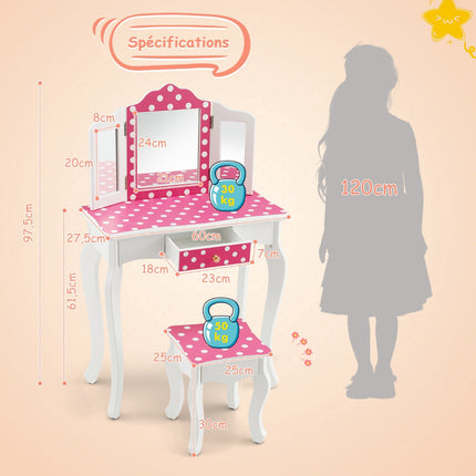 Kids Vanity Table Set With Stool, Tri-Fold Mirror, Drawer