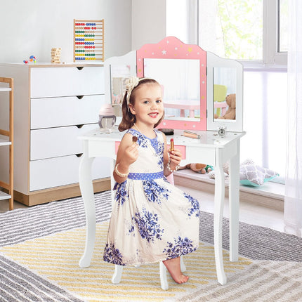Kids Vanity Table Set With Stool, Tri-Fold Mirror, Drawer