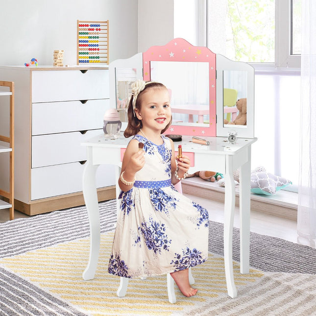 Kids Vanity Table Set With Stool, Tri-Fold Mirror, Drawer