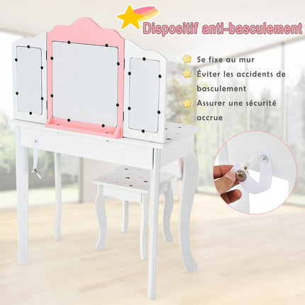 Kids Vanity Table Set With Stool, Tri-Fold Mirror, Drawer