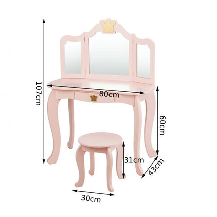 Kids Vanity Table Set With Stool, Tri-Fold Mirror, Drawer