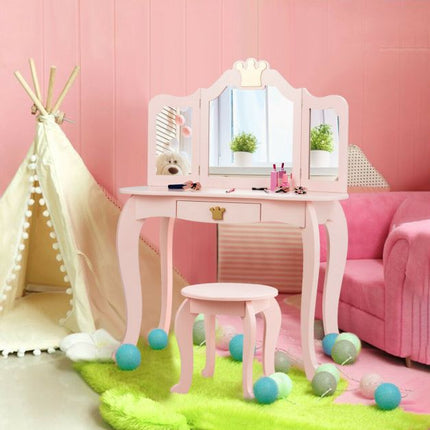 Kids Vanity Table Set With Stool, Tri-Fold Mirror, Drawer