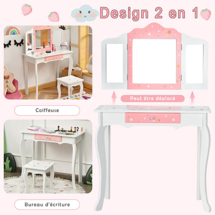 Kids Vanity Table Set With Stool, Tri-Fold Mirror, Drawer