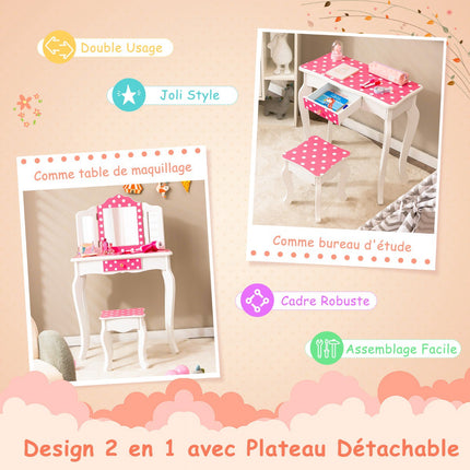 Kids Vanity Table Set With Stool, Tri-Fold Mirror, Drawer