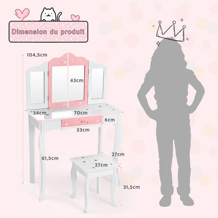 Kids Vanity Table Set With Stool, Tri-Fold Mirror, Drawer