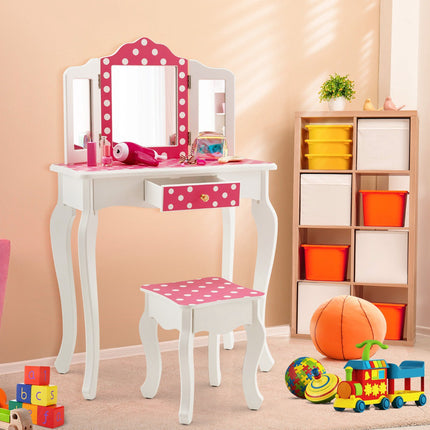 Kids Vanity Table Set With Stool, Tri-Fold Mirror, Drawer