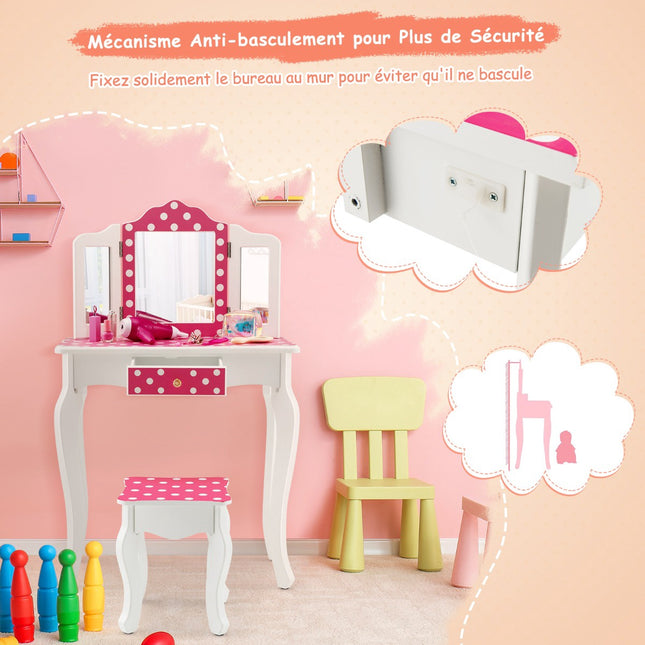 Kids Vanity Table Set With Stool, Tri-Fold Mirror, Drawer