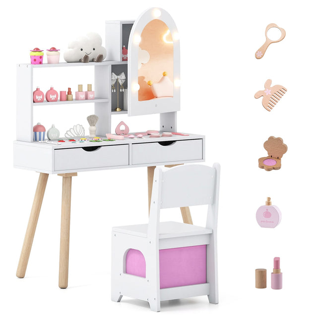 Kids Vanity Table Set with 3-Color LED Mirror, Chair