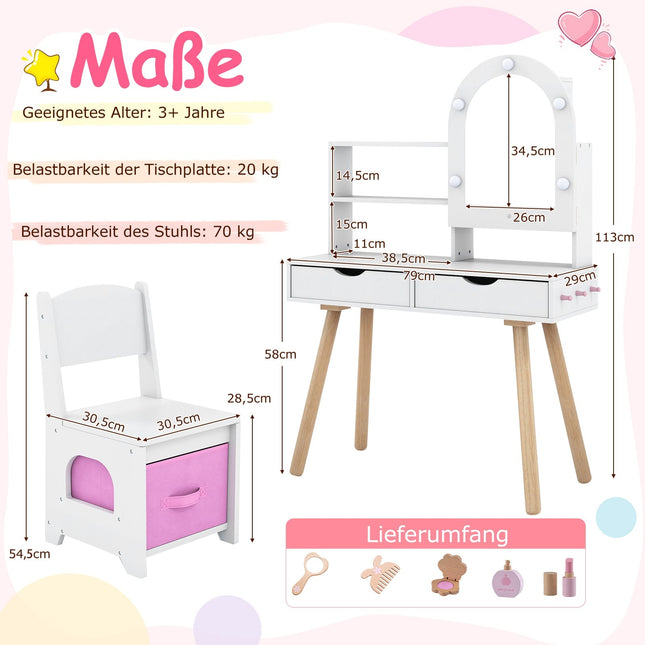 Kids Vanity Table Set with 3-Color LED Mirror, Chair