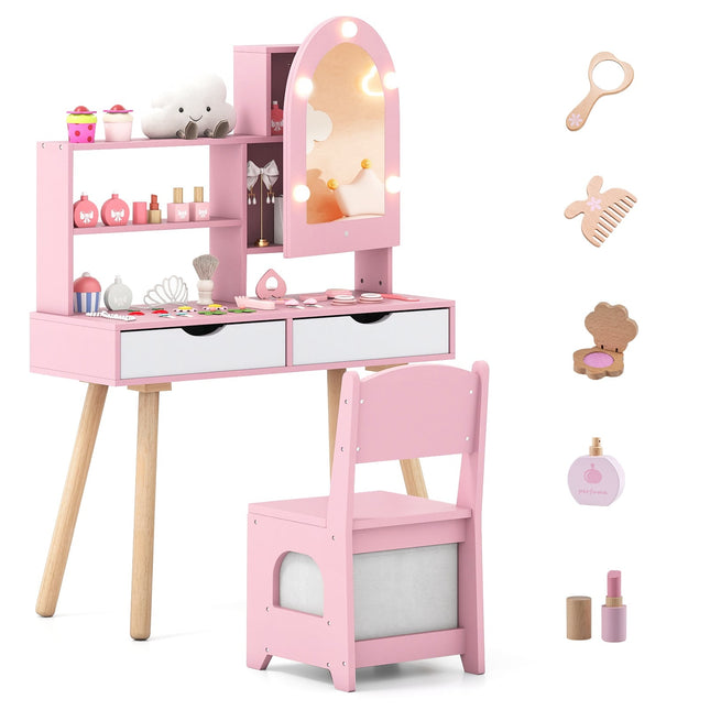 Kids Vanity Table Set with 3-Color LED Mirror, Pink