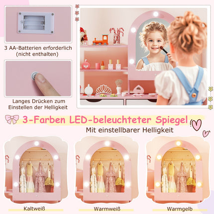 Kids Vanity Table Set with 3-Color LED Mirror, Pink