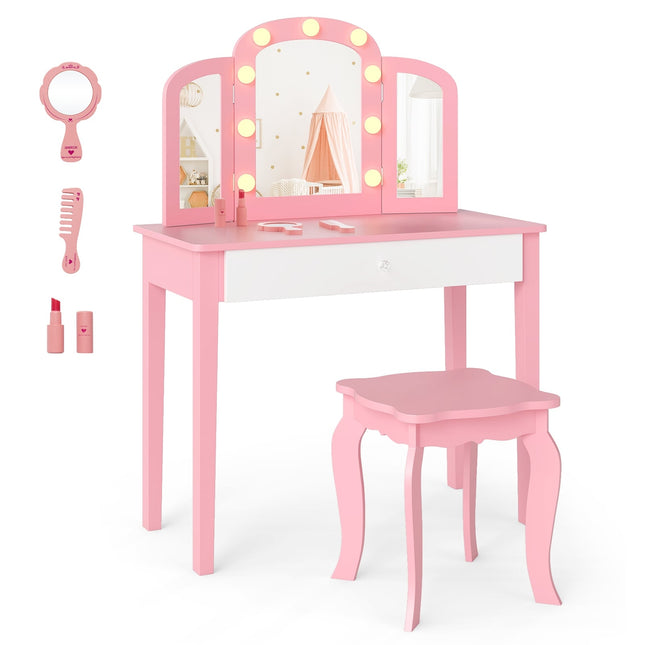Kids Vanity Table Set with Detachable Mirror & Lights