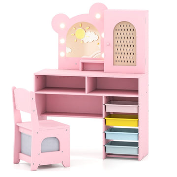 Kids Vanity Table Set with Lights, Chair, Storage, Pink