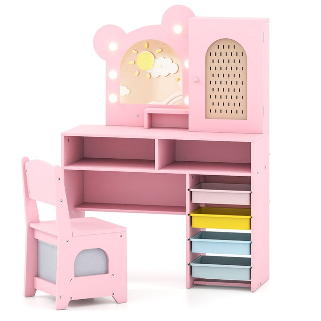 Kids Vanity Table Set with Lights, Chair, Storage, Pink