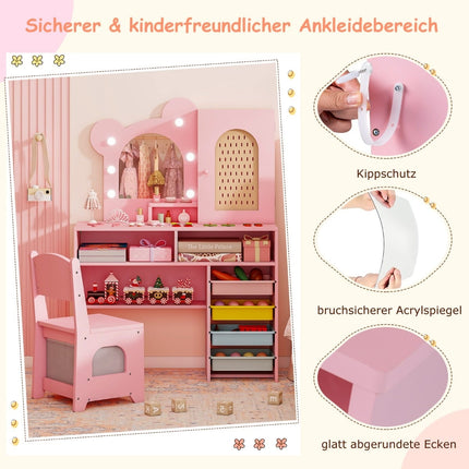 Kids Vanity Table Set with Lights, Chair, Storage, Pink