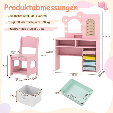 Kids Vanity Table Set with Lights, Chair, Storage, Pink