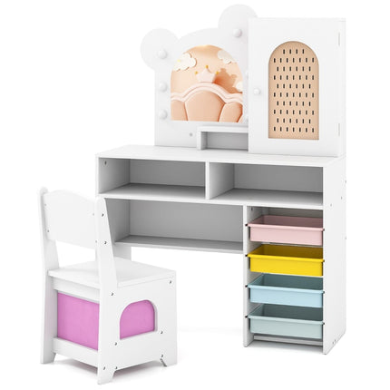 Kids Vanity Table Set with Lights, Mirror, and Storage