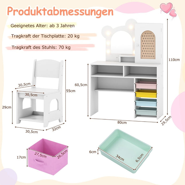 Kids Vanity Table Set with Lights, Mirror, and Storage
