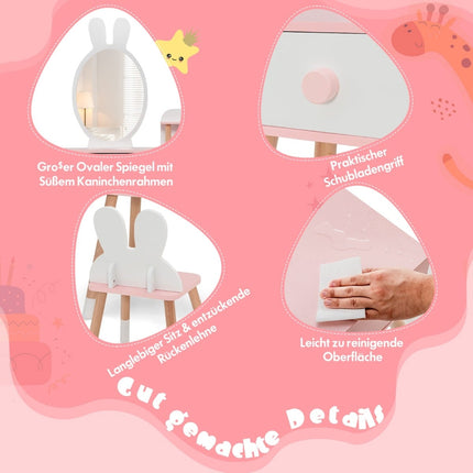 Kids Vanity Table Set with Rabbit Design, Acrylic Mirror