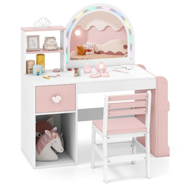 Kids Vanity Table With Lighted Mirror, Bookshelf, Chair