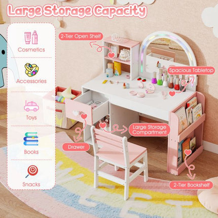 Kids Vanity Table With Lighted Mirror, Bookshelf, Chair