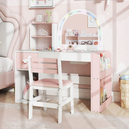 Kids Vanity Table With Lighted Mirror, Bookshelf, Chair
