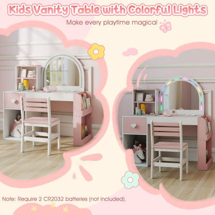 Kids Vanity Table With Lighted Mirror, Bookshelf, Chair