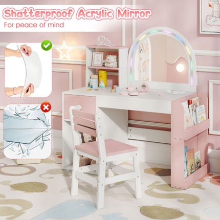 Kids Vanity Table With Lighted Mirror, Bookshelf, Chair